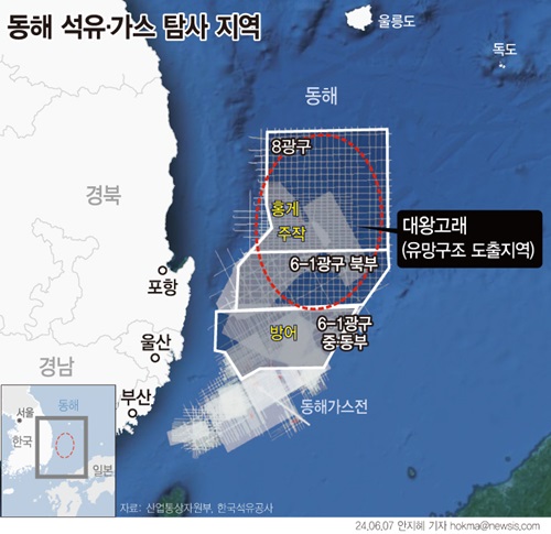 한국석유공사에 따르면 동해에는 '주작', '홍게', '방어' 등 3개의 탐사 시추공이 있다. 7일 비토르 아브레우 미국 액트지오(Act-Geo) 고문은 이 중 홍게 시추공에서 석유·가스 매장에 대한 가망성을 발견했다고 설명했다. (그래픽/뉴시스)